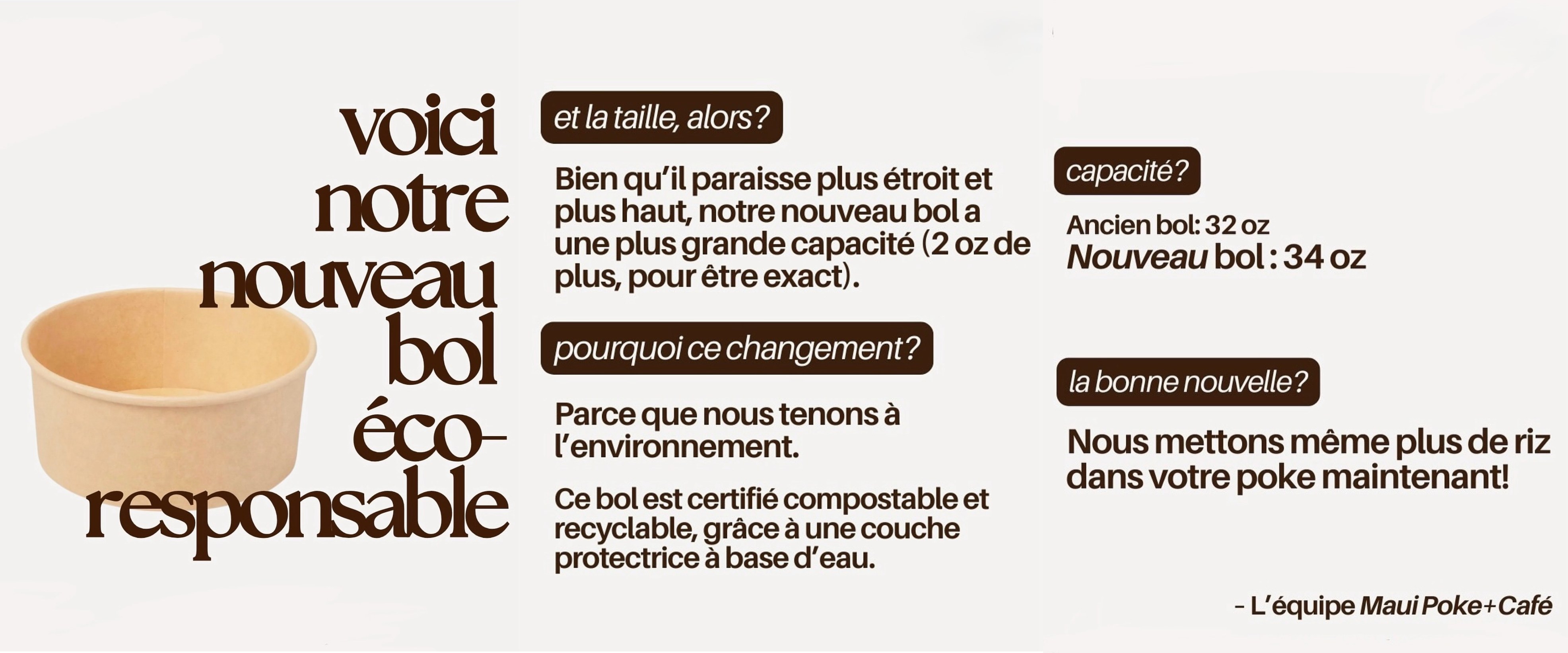 Notre nouveau bol éco-responsable : présentation, taille, capacité et message de l'équipe Maui Poke + Café